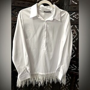 NEIMAN MARCUS Women’s Medium White Tunic Crochet Fringe Lagenlook Zen Boho